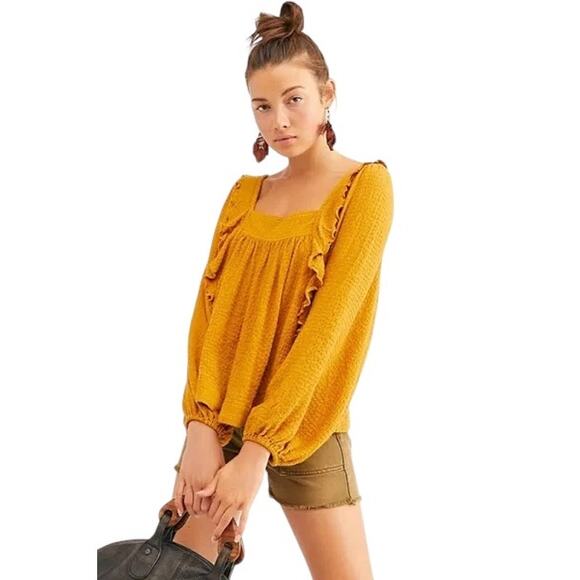 Free People Bonnie Peasant Top Mustard Yellow Ruffle Front Square Neck Womens XS - Picture 1 of 9